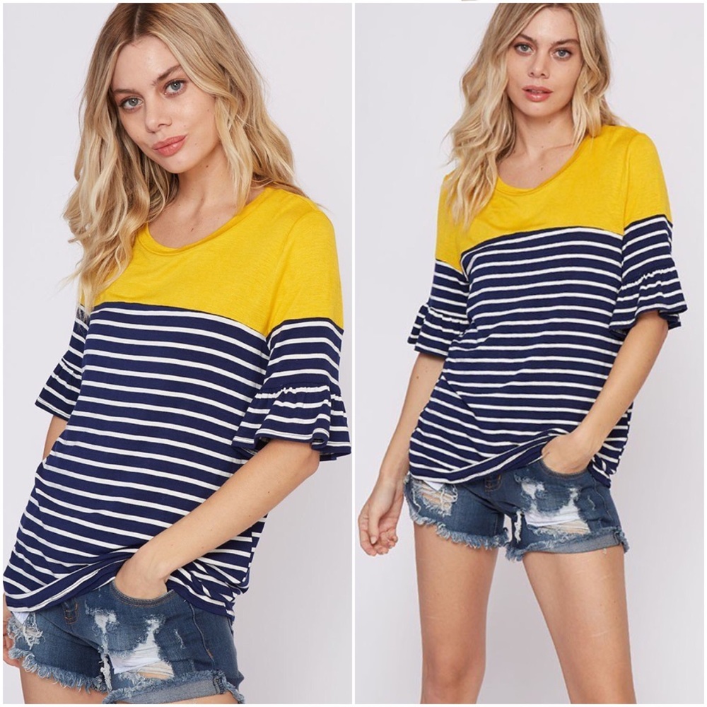 Small or Medium Left! Mustard & Navy Striped Shirt - Picture 3 of 3
